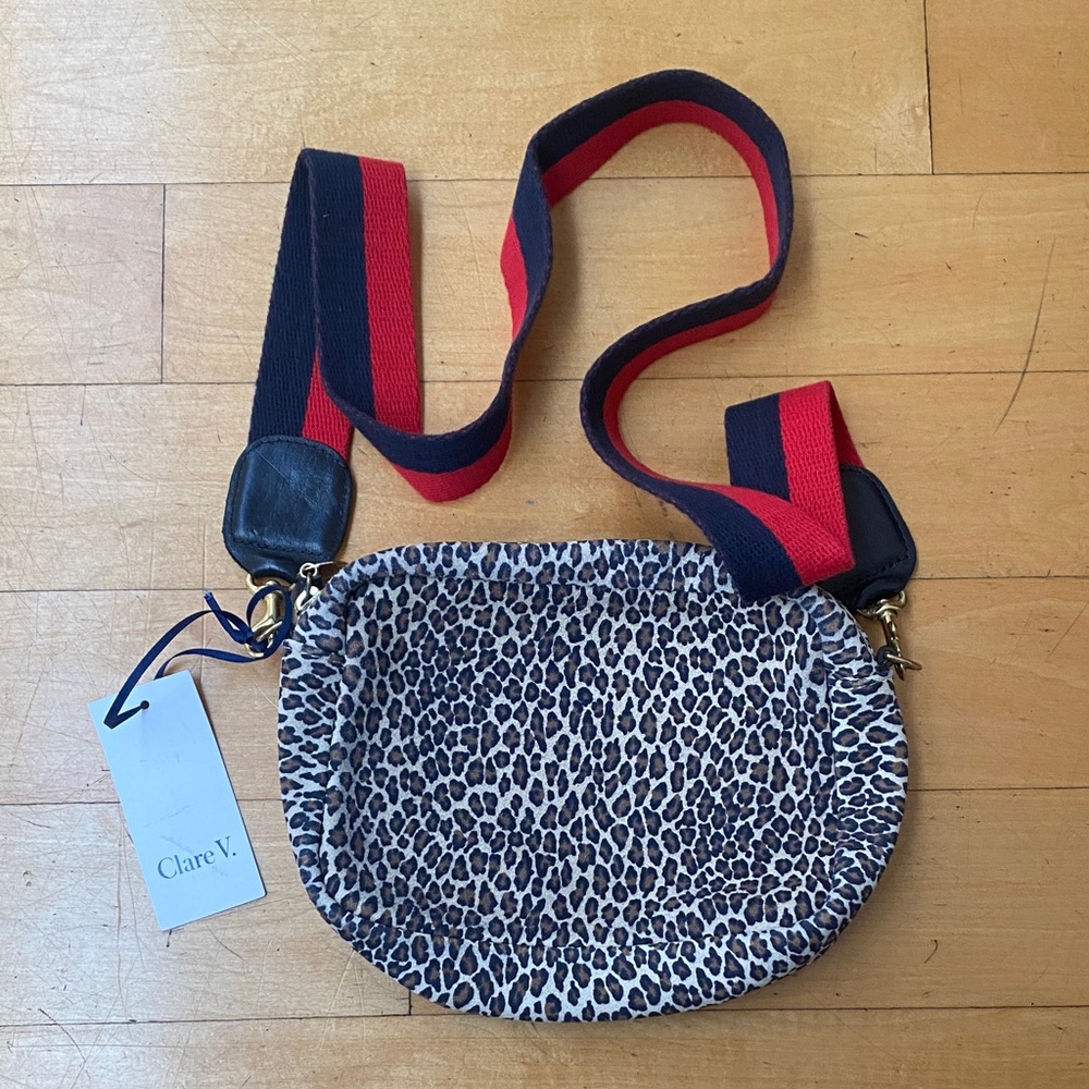 Clare V Leopard Print Crossbody with Red & Navy Webbed Strap. Unused.